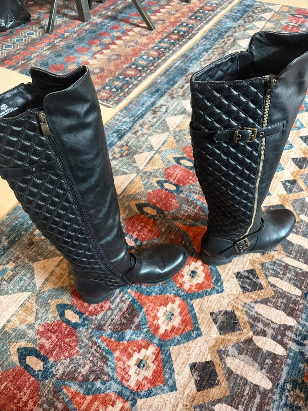 Black Quilted Over-the-Knee Boots with Buckle Accent